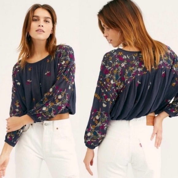 Free People Wild Flowers Blouse with Embroidery in Navy! Medium - Picture 1 of 11